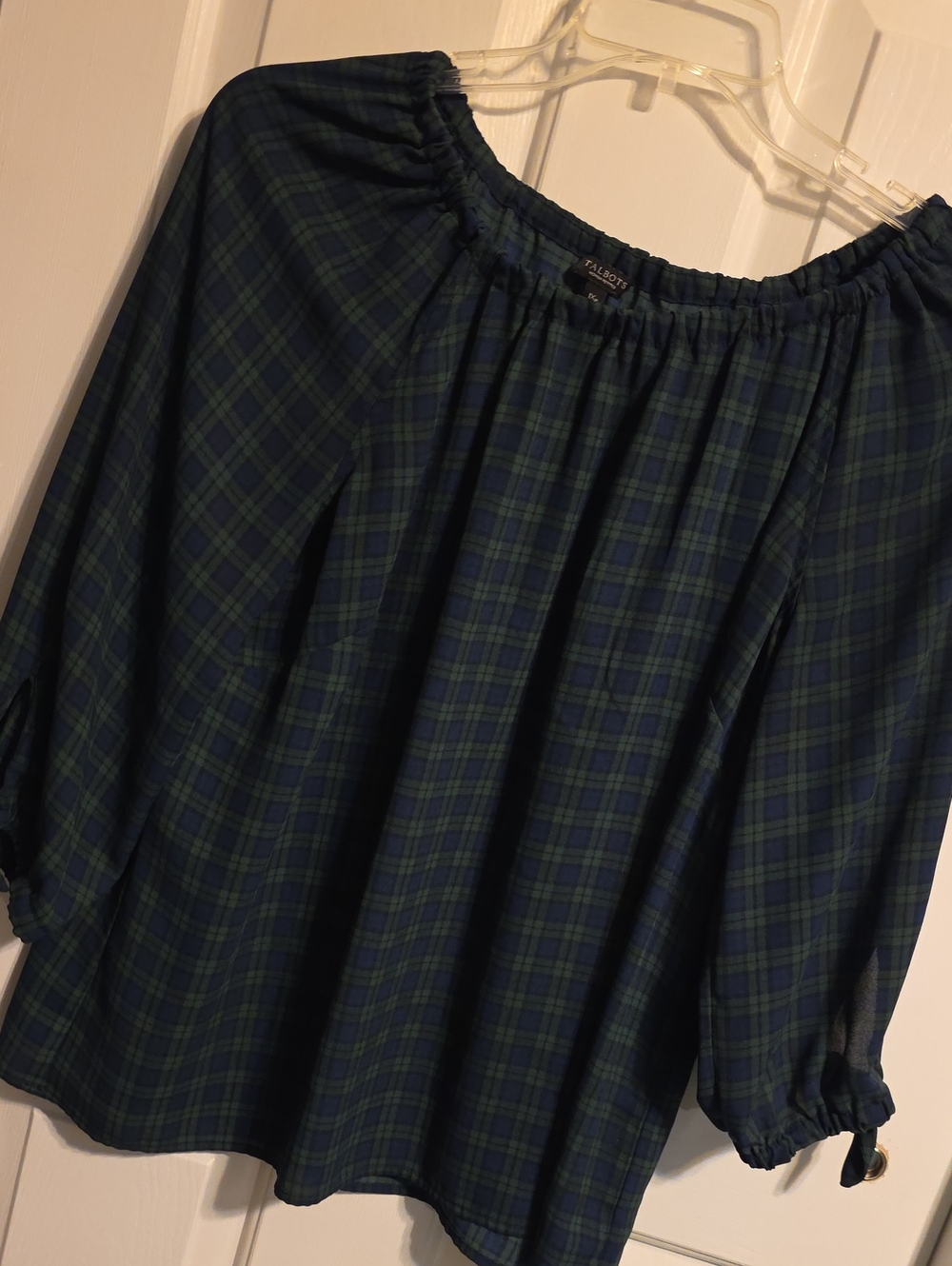 Talbots Woman Petites 1XP Blackwatch Plaid Peasant Blouse T122